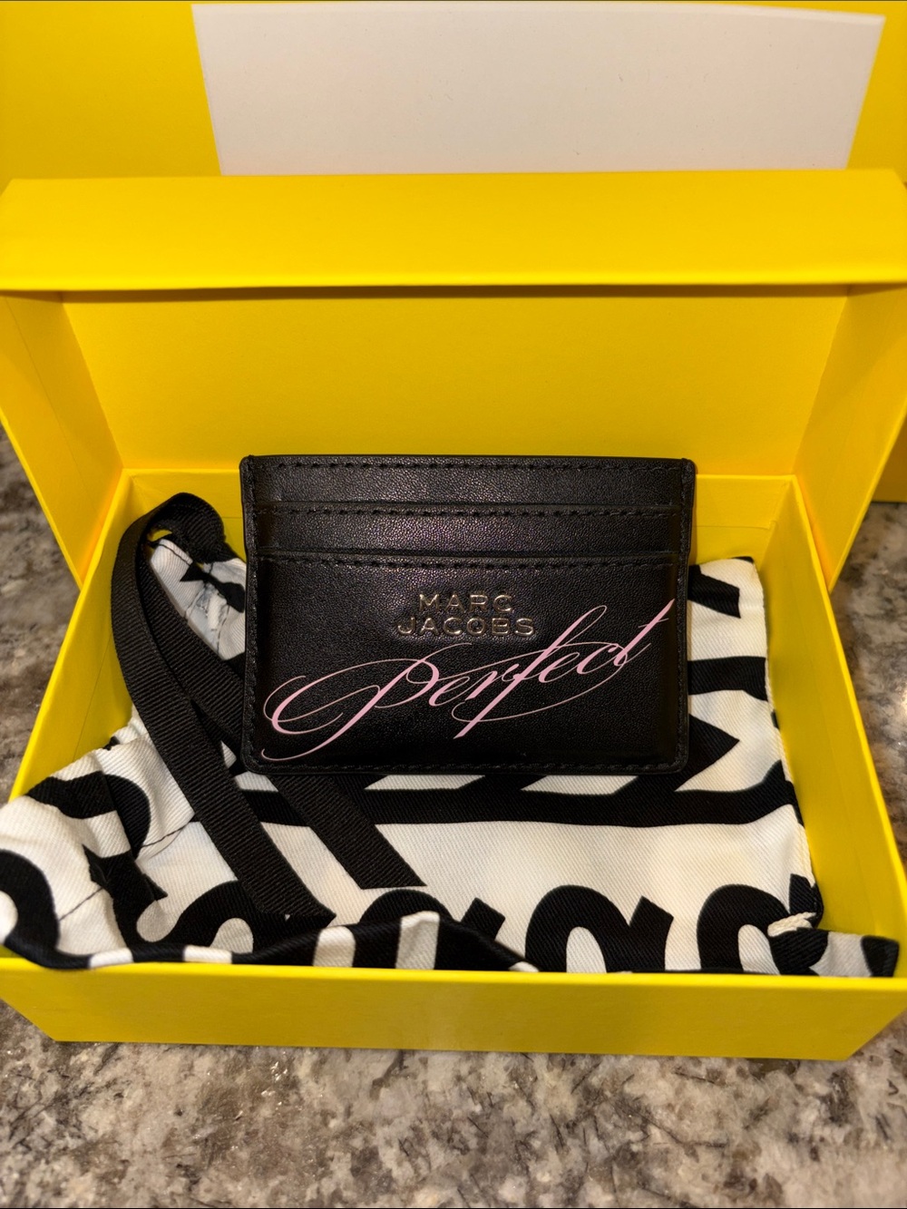 Marc Jacobs Black Card Holder with Pink "Perfect" Script